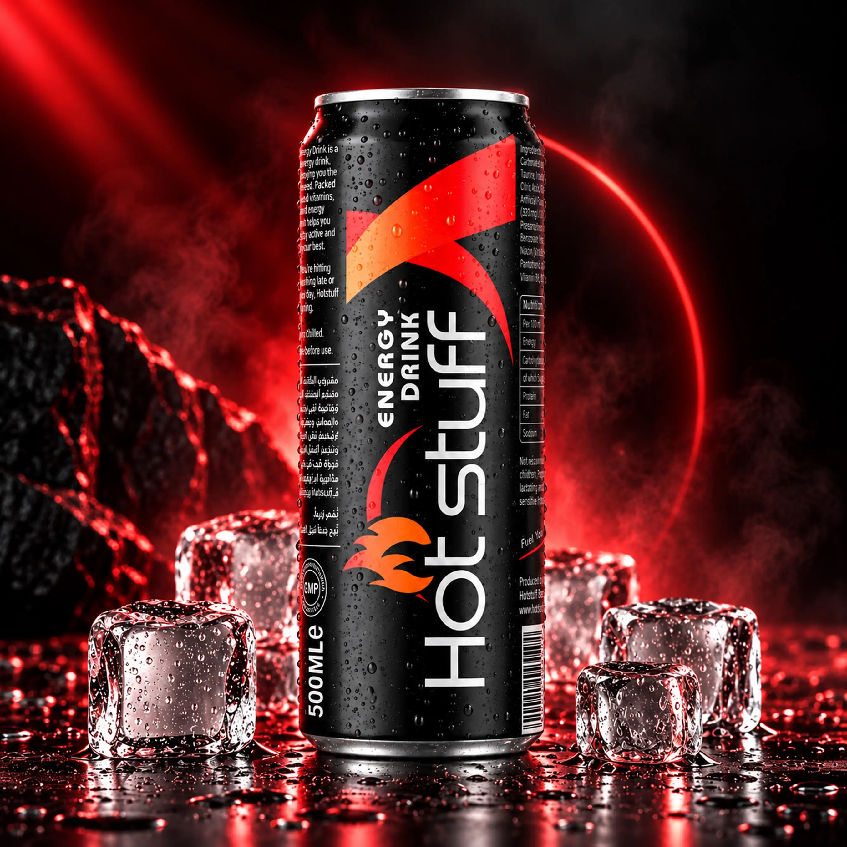 Hot Stuff energy drink can with black and red branding, ice cubes, water droplets and smoky red background.